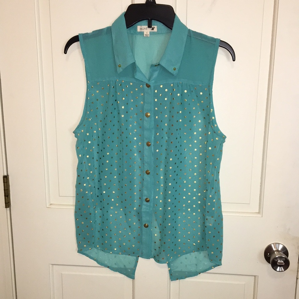 Beautiful Sleeveless Blouse Top Green Gold Dots Collar M L - Picture 2 of 10